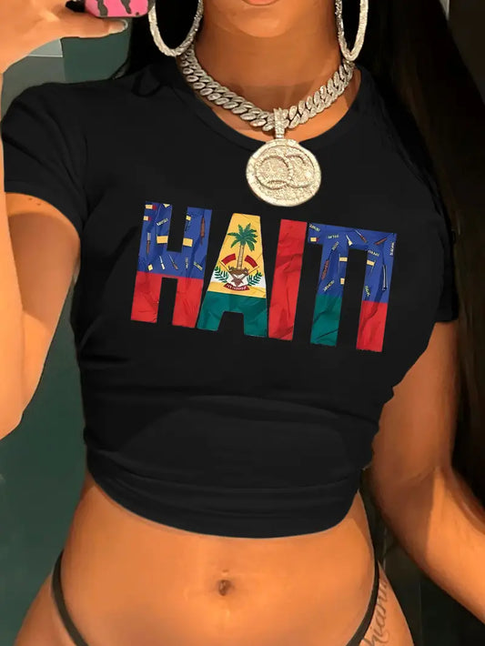 Women's Y2K Cropped T-Shirt - Bold HAITI Graphic Print with Palm Tree & Flag Design, Short Sleeve Crop Top for Spring Summer Fall, Machine Washable Casual Streetwear, Haitian T Shirt. TM1834242 T
