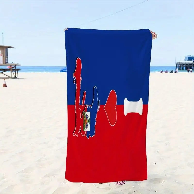 1pc Haiti Flag Beach Towel - 27.5x55 Inch, Ultra-Soft Polyester, Vibrant Blue & Red Retro National Design bath towel. Perfect for Indoor/ Outdoor. XN1087129 T