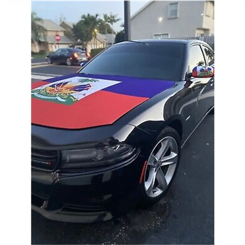 Haiti Car Hood Cover, Haitian Flag 4x5ft Car Bonnet Banner, Universal Fit, Elastic Polyester, Stretchable, Patriotic Automotive Hood Covers. 126823W5X. T