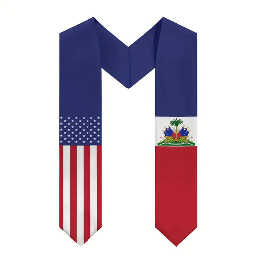 Haitian-American Flag Graduation Sash for Class of 2025 - V-Shape Lightweight Commencement Sash with Double-Sided Print, Wrinkle-Resistant Polyester, Elastic Comfort Fit (XS-XXL) - High School & College Graduation Pride Accessory. LA27741001 TT