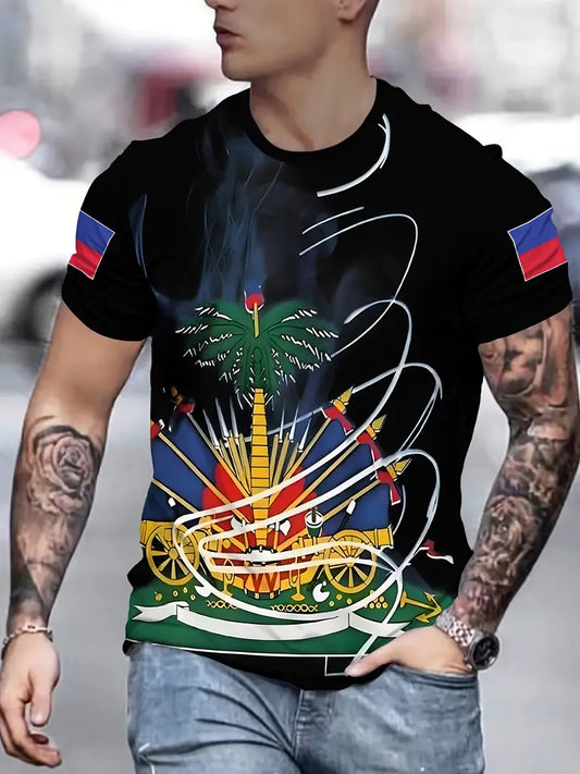Men'S Casual Crew Neck Short Sleeve Polyester T-Shirt, 3D Digital Print, Slight Stretch Knit Fabric, 110g/m² Weight. UE968727 T