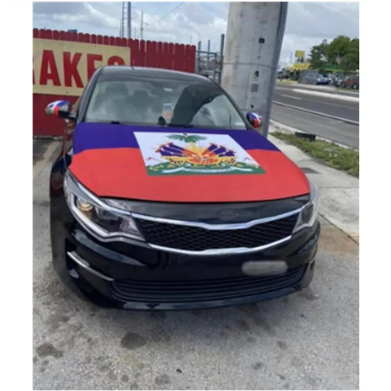 Haiti Car Hood Cover, Haitian Flag 4x5ft Car Bonnet Banner, Universal Fit, Elastic Polyester, Stretchable, Patriotic Automotive Hood Covers. 126823W5X. T