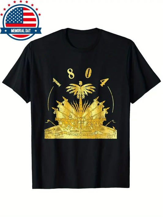 Men's 1804 Haitian Heritage T-Shirt - Black 100% Cotton 180gsm Retro Graphic Tee with Golden Palm Trees & Ships Design, Caribbean Pride Creole Roots Short Sleeve Shirt for Casual & Outdoor Wear, Father's Day Gift, Haitian RQ3568289 T