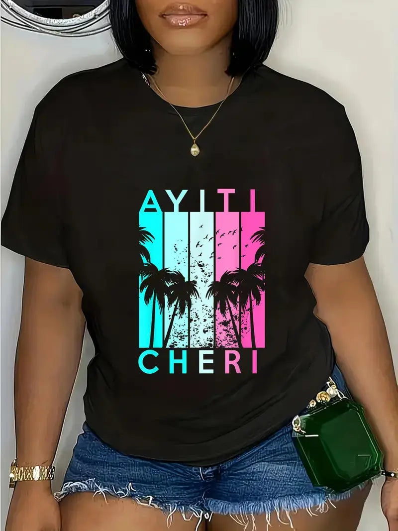 Black Ayiti Cheri Haitian Love T-Shirt - 100% Casual Short Sleeve Top with Tropical Palm Tree & Colorful Stripes Design, Machine Washable, All-Season Comfort Fit, Haitian T Shirt, Versatile Clothing. BV3700303 T