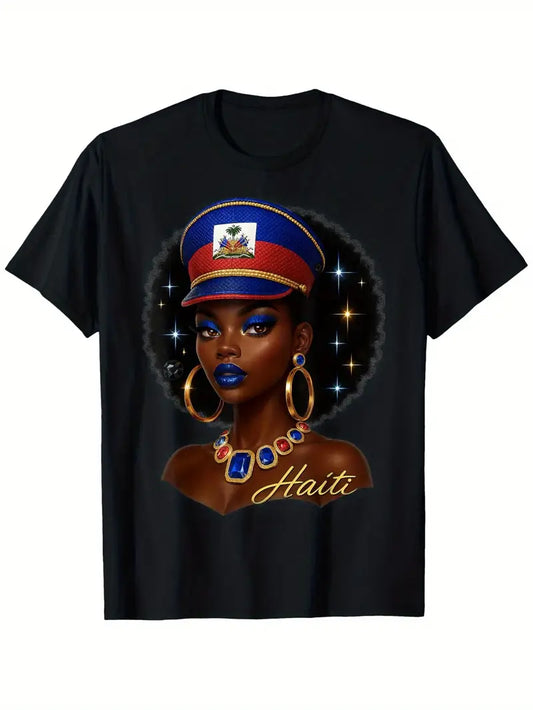 Melanin Haitian Queen Ayiti Pride Women's T-Shirt - Vibrant Haiti Flag Colors, 100% Cotton 180g, Loose Fit Casual Tee for Outdoor & Cultural Pride, Breathable & Durable, Sizes S-XXXL, Haitian T Shirt, Patriotic Clothing. DX3829729 T