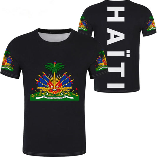Haiti Patriotic T-shirt. Polyester material for casual wear.