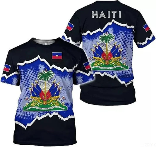 Haitian Flag Pattern Men's T-shirt 3D Printed Haiti National Emblem Short Sleeves Fashion Tops T Shirts National Day Tee Shirt. AE