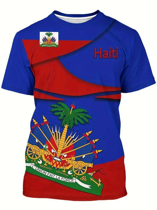 Men's Haitian National Flag & Emblem Print T-Shirt - Breathable Polyester, Slightly Elastic Round Neck, Regular Fit Casual Summer Top for Casual Attire, Haitian T Shirt, Cultural Pride Apparel, Vibrant Colors, Lightweight Knit,. FJ2787764 T