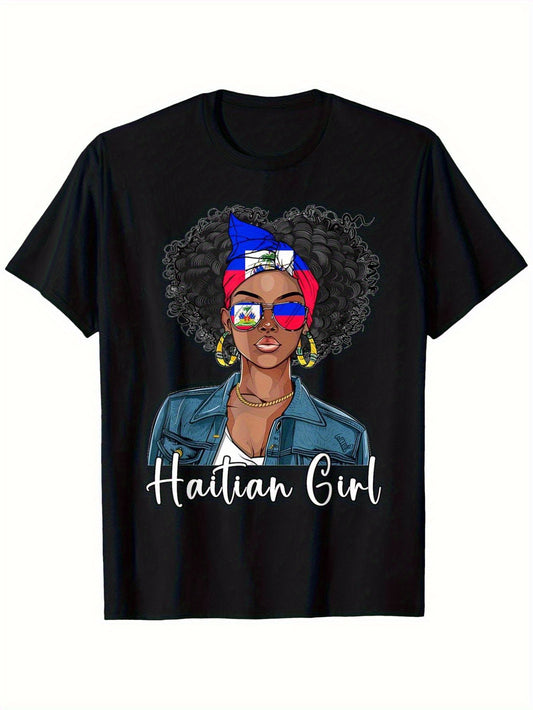 Women's Black Haitian Graphic T-Shirt - Cute Anime-Inspired Haitian Flag Colors & Cultural Design, Round Neck Short Sleeve Casual Top for Spring Summer Fall, Haitian Heritage Apparel for Casual Attire & Themed Events. HH6205871 T