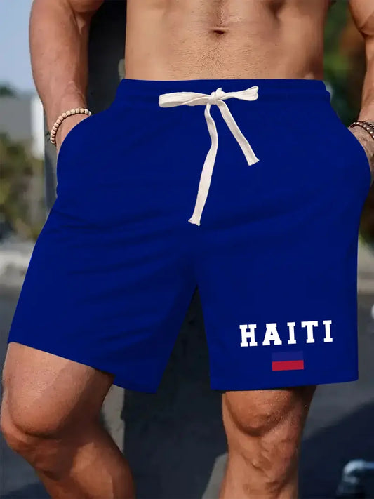 Men'S casual shorts with "HAITI" Print , Elastic Waistband with Drawstring, Polyester Fabric, Regular Fit, Casual Style for Summer, Summer Casual Wear | Letter Print Shorts | Flexible Waistband. (Blue) GX1814939 T