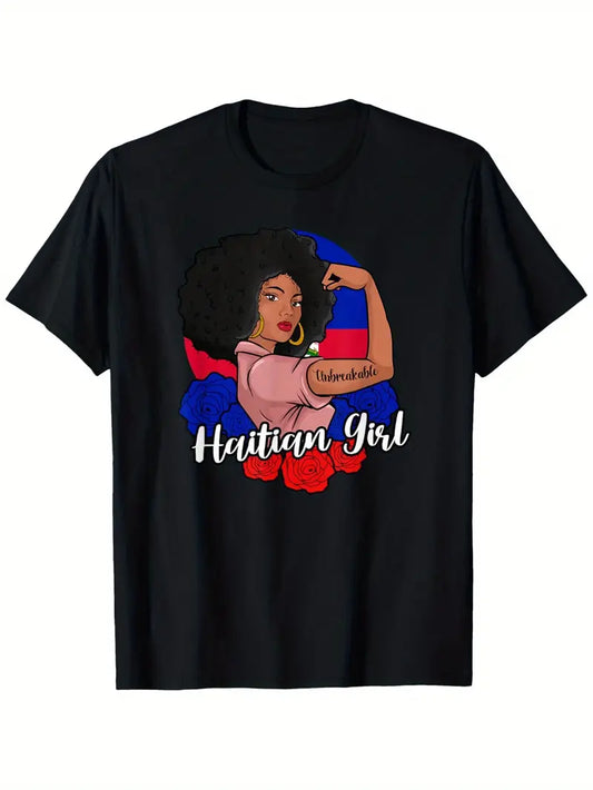 No import chargesLocal warehouse - Fastest delivery: 2 BUSINESS DAYSUnbreakable Haitian Girl Graphic T-Shirt - 100% Cotton, Soft & Breathable, Black, S-XXXL, 180g Fabric Weight, Perfect for Casual Wear or Special Occasions, Ideal Gift for Friends, Couples