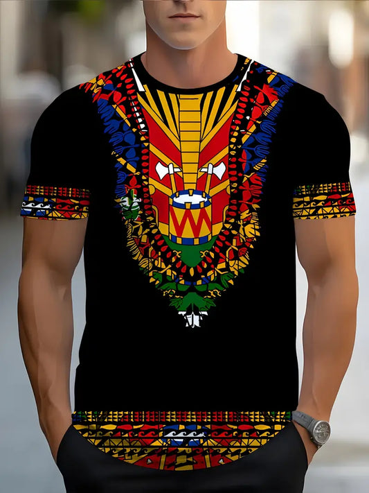 Men's Haitian-Inspired 3D Digital Print T-Shirt - Vibrant Tribal All-Over Pattern, Casual Round Neck Regular Fit Tee, Hand Wash Only, Cultural Artistry for Casual Attire, Comfortable Streetwear, Nontransparent Fabric, Streetwear Fashion. YD2839916 T